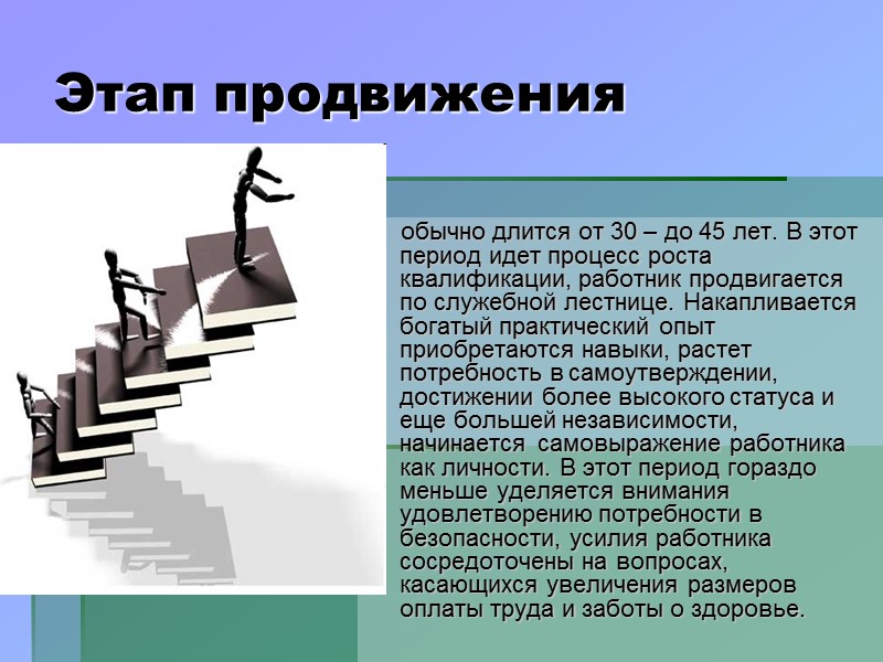 Этап продвижения обычно длится от 30 – до 45 лет. В этот период идет